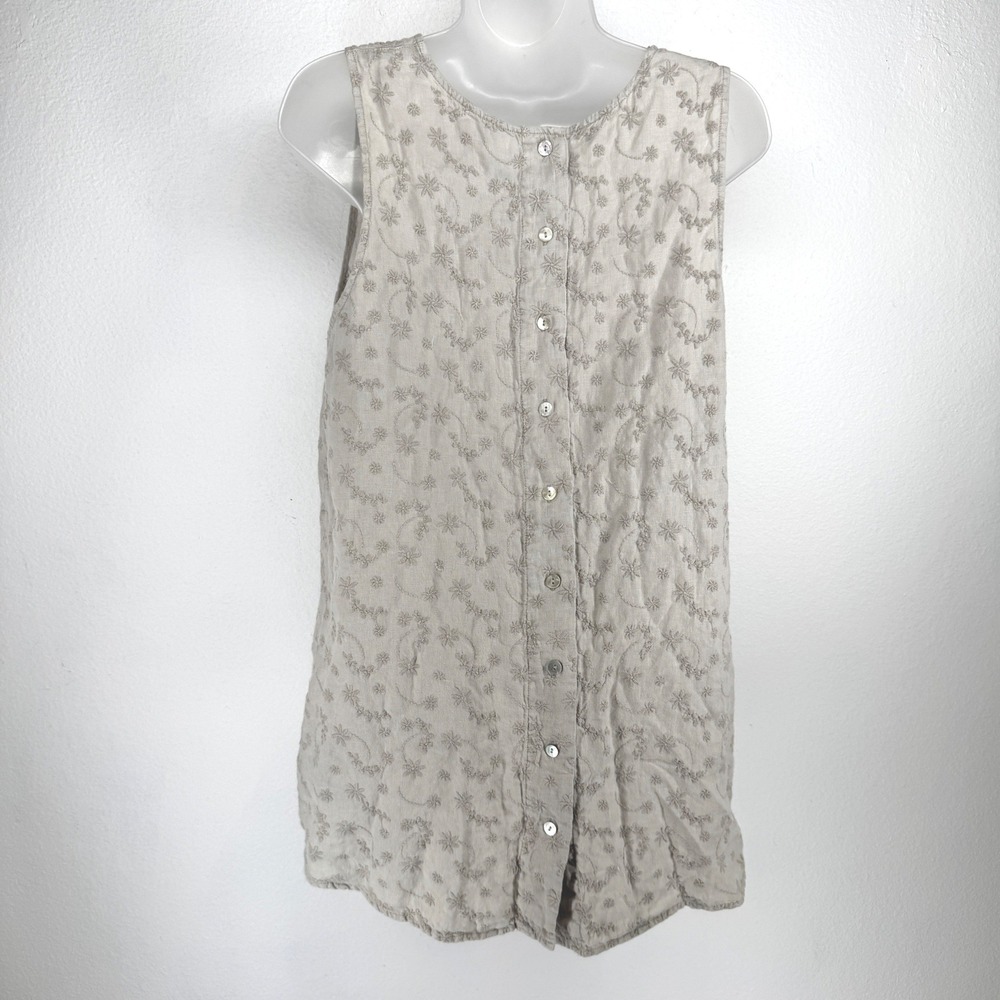 Womens Oversized Linen Floral Embroidered Button Back Sleeveless Top Size M Boho